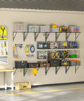 Two Pack Wall Mounted Garage Shelves With Wire Baskets And Hooks Heavy Duty Tool Organizer installed on a garage wall