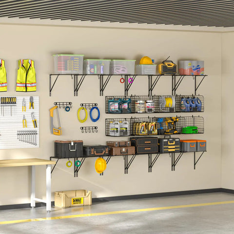Two Pack Wall Mounted Garage Shelves With Wire Baskets And Hooks Heavy Duty Tool Organizer installed on a garage wall