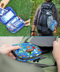 Blue portable travel first aid kit pouch with 143 pieces; compact case with a colorful pattern for hiking