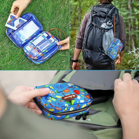 Blue portable travel first aid kit pouch with 143 pieces; compact case with a colorful pattern for hiking