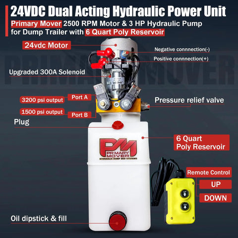 12V DC Dump Trailer Hydraulic Power Unit With Double Acting Pump Tough As Nails Heavy Duty Lift System 6 Quart Poly Reservoir Remote Controller