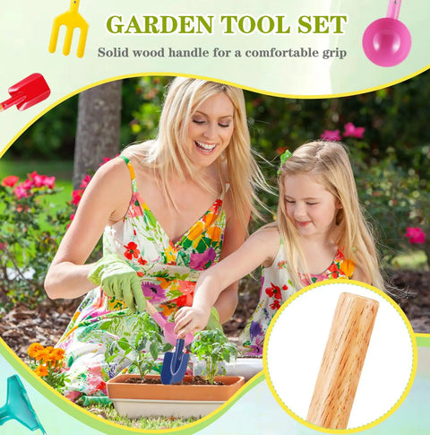 Mother and daughter using 15 Piece Kids Beach Sand Toys And Garden Tool Set with solid wood handle in garden.