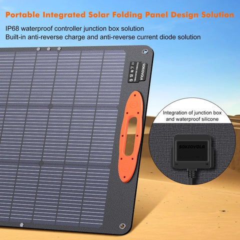 200W Foldable Solar Panel For Off Grid Power Stations Jackery Bluetti Anker With 16BB N Type Cells shown on desert background