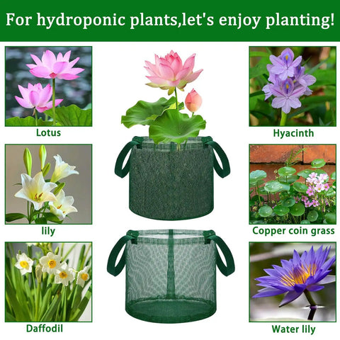 Mesh Net Planter For Ponds And Aquariums with blooming lotus and various pond plants, submersible fabric pot for soil stability.