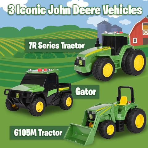 Three Pack Farm Vehicle Set With Lights And Realistic Sounds For Kids, 5 Inch Scale Featuring 7R Series Tractor, 6105M Tractor And Gator