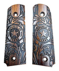 WWII M1911.45 ACP Wooden Grips Indian Rosewood Dalbergia Sissoo, Republic Of Texas Design, engraved military style panels