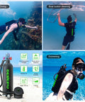 2.3L Mini Scuba Tank With Adapter and diver in underwater scenes, demonstrating portable backup air cylinder for emergencies.