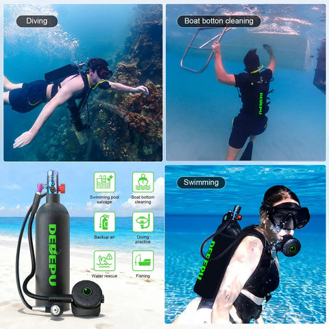 2.3L Mini Scuba Tank With Adapter and diver in underwater scenes, demonstrating portable backup air cylinder for emergencies.