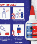 Instructional diagram showing how to use Hardcore Shoe Glue For Sneakers, Boots, Sandals And More with bottle image.
