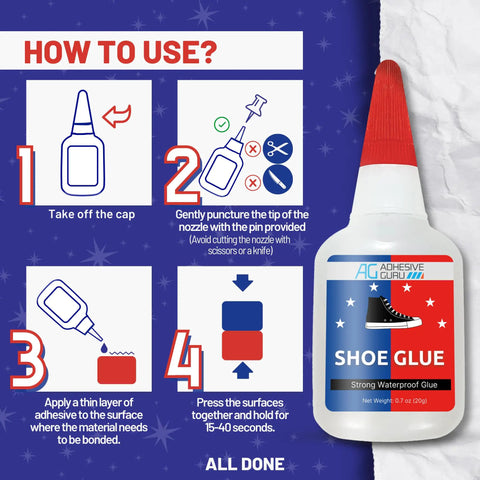 Instructional diagram showing how to use Hardcore Shoe Glue For Sneakers, Boots, Sandals And More with bottle image.