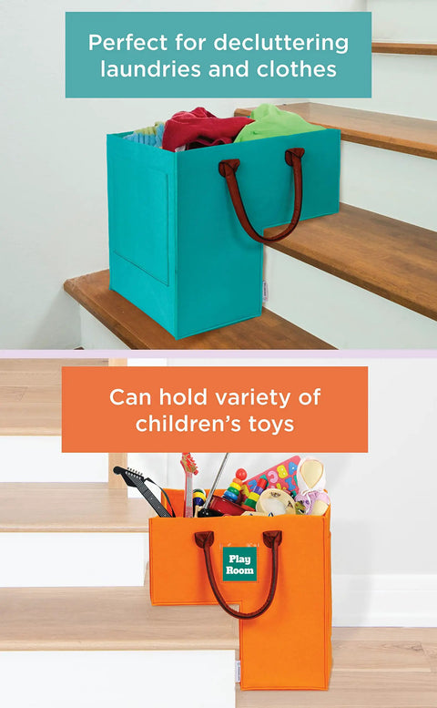 Image of two Grab-and-Go Staircase Storage Baskets on wooden stairs, organizing clothes and children's toys.