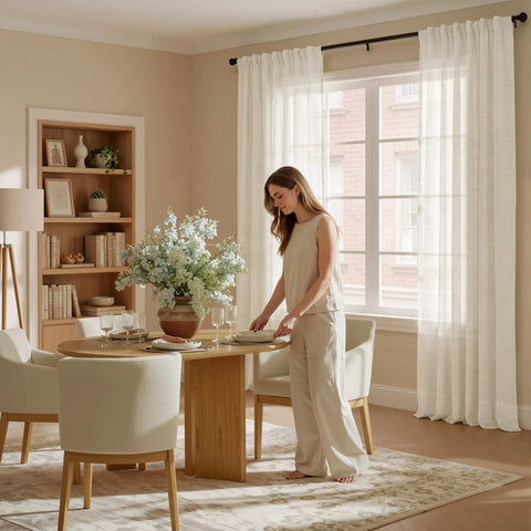 Semi Sheer Linen Living Room Curtains With Grommets Light Filtering Airy Cozy Privacy Drapes Natural Linen Blend For Bedroom Two Panels Size W52 By L95 Easy Hang OEKO TEX Certified installed in a living room with a dining table.