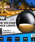 5W LED deck light with FastLock2 connectors and warm white glow, illuminating outdoor stairs. Die-cast aluminum, IP65 waterproof.