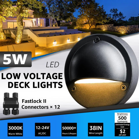 5W LED deck light with FastLock2 connectors and warm white glow, illuminating outdoor stairs. Die-cast aluminum, IP65 waterproof.