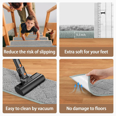 Non Slip Stair Treads Peel And Stick 8x30 Inches 15 Pack Indoor Stair Runner Mats For Wood Steps Grey Anti Slip Rug For Elders Kids And Pets Easy Install With Strong TPE Backing showing features