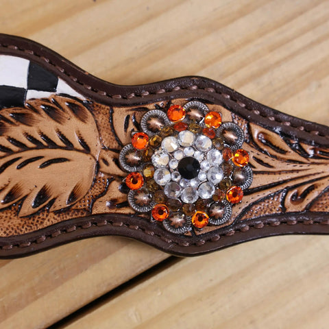 Custom Western Leather Headstall And Breast Collar Tack Set showcasing ornate leaf carving and colorful embellishments.