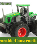 Close-up of green tractor from Four Piece Die Cast Farm Toy Set With Tractor And Trailers Including Combine Harvester, Monster Spreader Trucks And Trailer For Boys And Girls Ages 3 To 5, Friction Motor Action, Durable Metal And Plastic Build