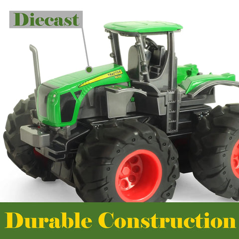 Close-up of green tractor from Four Piece Die Cast Farm Toy Set With Tractor And Trailers Including Combine Harvester, Monster Spreader Trucks And Trailer For Boys And Girls Ages 3 To 5, Friction Motor Action, Durable Metal And Plastic Build