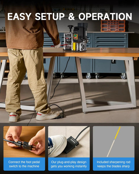 Person operating 180W Automatic Wire Stripper Machine with foot pedal and sharpening rod, showing easy setup and operation.
