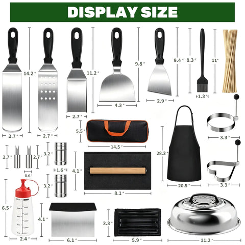 Image of the Ultimate 120 Piece Griddle Accessories Kit For Flat Top Grills Beefed Up All In One Tool Set with utensils and accessories.