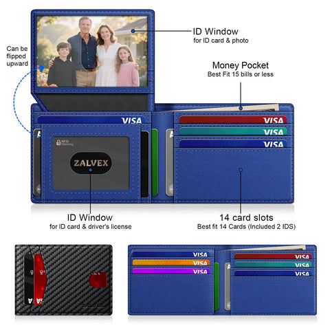 Slim RFID Blocking Leather Card Holder Wallet For Men With 14 Card Capacity Bifold Minimalist Wallet With 2 ID Windows Cash Slot