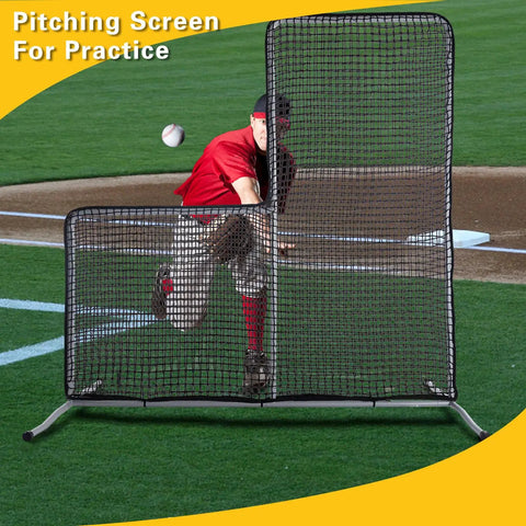 Heavy Duty L Screen Pitching Net For Baseball And Softball Batting Cage 7x7 Beefed Up Backyard Protector in use on field