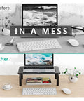 Before and after comparison of desk with Go To Adjustable Desk Monitor Stand With Laptop Riser And Under Desk Storage, Black.