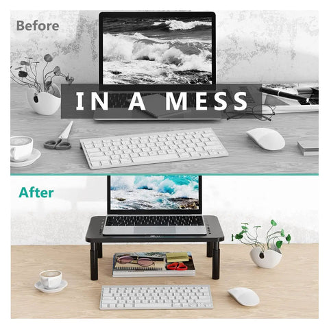 Before and after comparison of desk with Go To Adjustable Desk Monitor Stand With Laptop Riser And Under Desk Storage, Black.