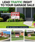Triple Pack 17x13 Inch Garage Sale Signs With High Visibility Arrows Double Sided Weatherproof 4mm Corrugated Plastic Includes Stakes And 420 Pricing Stickers Built To Draw More Traffic To Your Yard Sale, front view with stakes