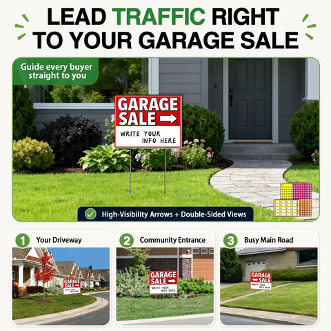 Triple Pack 17x13 Inch Garage Sale Signs With High Visibility Arrows Double Sided Weatherproof 4mm Corrugated Plastic Includes Stakes And 420 Pricing Stickers Built To Draw More Traffic To Your Yard Sale, front view with stakes