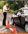 A car next to 4 Pack 18 Inch Collapsible Traffic Cones Orange With Reflective Collar For Road Safety Driving Practice And Parking Lot Use