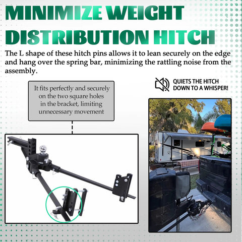 Diagram highlighting Two Pack Premium Snap L Pins For Weight Distribution Hitches With Integrated Clips to reduce hitch noise.