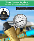 Close-up of RV water pressure regulator gauge from All In One Fresh Water Kit For RVs With Pressure Regulator Inline Filter Hose Splitter Brass Elbow Flexible Connector Quick Connects Leak Repair Kit And Carrying Case.