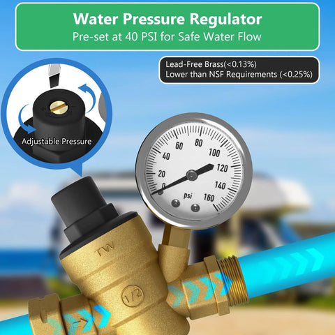 Close-up of RV water pressure regulator gauge from All In One Fresh Water Kit For RVs With Pressure Regulator Inline Filter Hose Splitter Brass Elbow Flexible Connector Quick Connects Leak Repair Kit And Carrying Case.