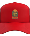 Red Five Panel Trucker Hat With Adjustable Mesh Back For Outdoor Adventure And RV Travel Camping Nature Lovers Breathable Structured Foam Front Cap Built For All Day Comfort And Sunset Chasing On The Go