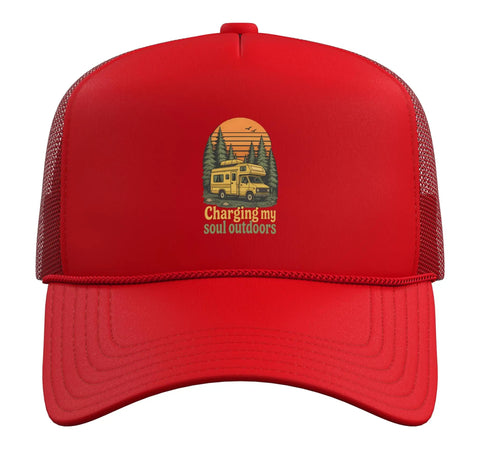 Red Five Panel Trucker Hat With Adjustable Mesh Back For Outdoor Adventure And RV Travel Camping Nature Lovers Breathable Structured Foam Front Cap Built For All Day Comfort And Sunset Chasing On The Go