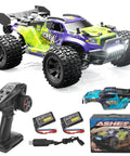 1:18 Scale 4WD High Speed Beast RC Car With 25 MPH Off Road Power Remote Control Truck For Adults And Teens All Terrain Electric Vehicle Includes 2 Rechargeable Batteries And 2.4GHz Controller Gift Idea displayed with accessories and packaging.