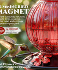 Glass Hummingbird Feeder 26 Oz With Perch And Five Flower Feeding Ports Leak Proof Outdoor Garden Hanging Nectar Bottle For Backyard Decor A Totally Awesome Gift For Women Moms Red with a hummingbird feeding.