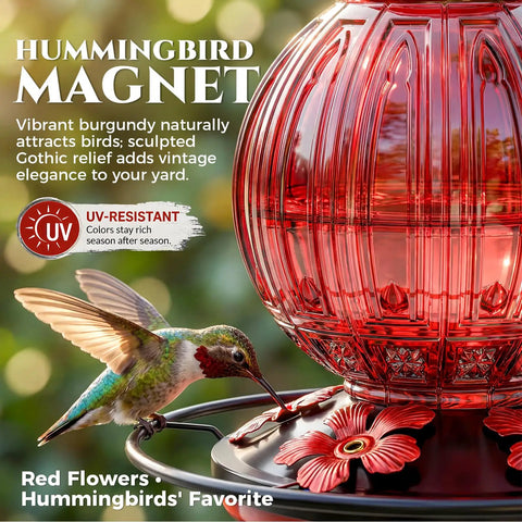 Glass Hummingbird Feeder 26 Oz With Perch And Five Flower Feeding Ports Leak Proof Outdoor Garden Hanging Nectar Bottle For Backyard Decor A Totally Awesome Gift For Women Moms Red with a hummingbird feeding.