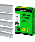 Package of Five Sizes 16 Gauge Galvanized Finish Nails 2500 Pcs Assorted Set with displayed nail stacks