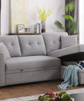 Straight Up Comfy 82 Inch Sectional Sofa Bed With Hidden Storage Chaise Drawer And Easy Pull Out Sleeper Frame Tailored For Studio Apartments Or Tight Rooms, grey fabric chaise, storage opened.
