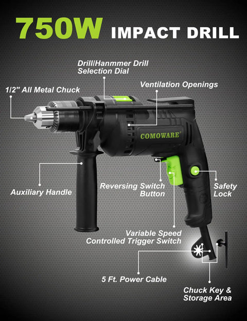Beefy Half Inch Corded Hammer Drill For Concrete With Variable Speed 0 To 3000 RPM And 48000 BPM Dual Function Hammer And Drill 6.5 Amp Motor