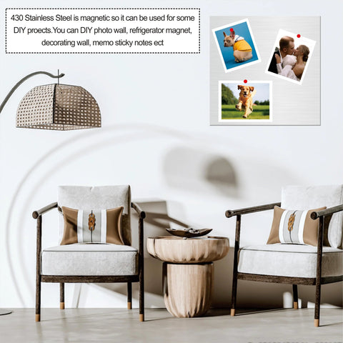Brushed stainless steel magnetic wall board displaying photos in a modern living room.
