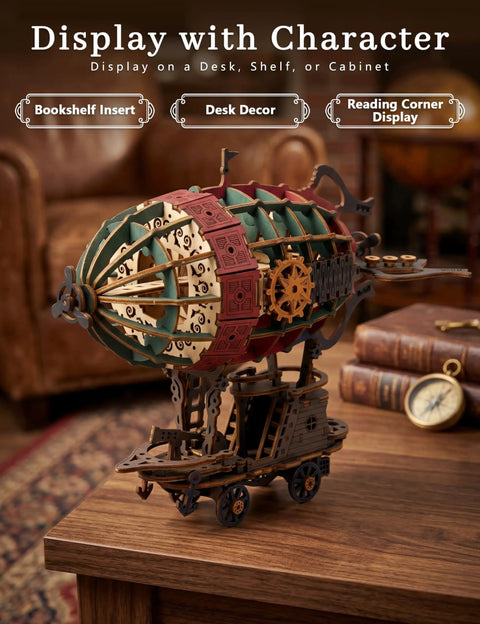 3D Wooden Steampunk Airship Puzzle Kit For Adults displayed on wooden table, intricate gears, no glue assembly, home decor model
