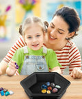 Mother and child with Two Size Hexagon Stepping Stone Molds For Concrete 9 Inch And 11.4 Inch, surrounding colorful stones