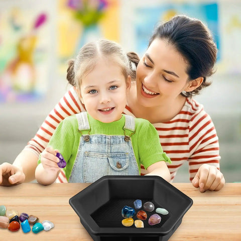 Mother and child with Two Size Hexagon Stepping Stone Molds For Concrete 9 Inch And 11.4 Inch, surrounding colorful stones