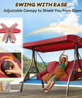 3 In 1 Outdoor Porch Swing With Adjustable Canopy For Adults, Cozy 3 Seat Patio Swing With Thick Cushions, Pillows And Cup Holders, Wine Red, Great For Backyard, Porch Or Garden, Easy Setup And Durable Design, shown by poolside with user reclining