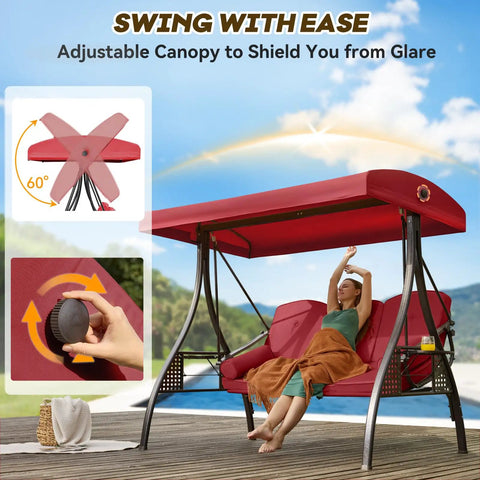 3 In 1 Outdoor Porch Swing With Adjustable Canopy For Adults, Cozy 3 Seat Patio Swing With Thick Cushions, Pillows And Cup Holders, Wine Red, Great For Backyard, Porch Or Garden, Easy Setup And Durable Design, shown by poolside with user reclining