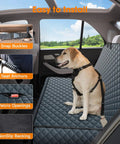 Waterproof Dog Car Seat Cover Back Seat Protector for Cars Trucks and SUVs With Nonslip Surface Includes One Dog Seat Belt Grey 53W x 47L Fits Most Vehicles shown in a car with a dog.