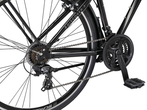 Close-up of Discover 2 Hybrid Bike With 700c Wheels And 21 Speed EZ Fire Shifters Lightweight Alloy Frame showing drivetrain